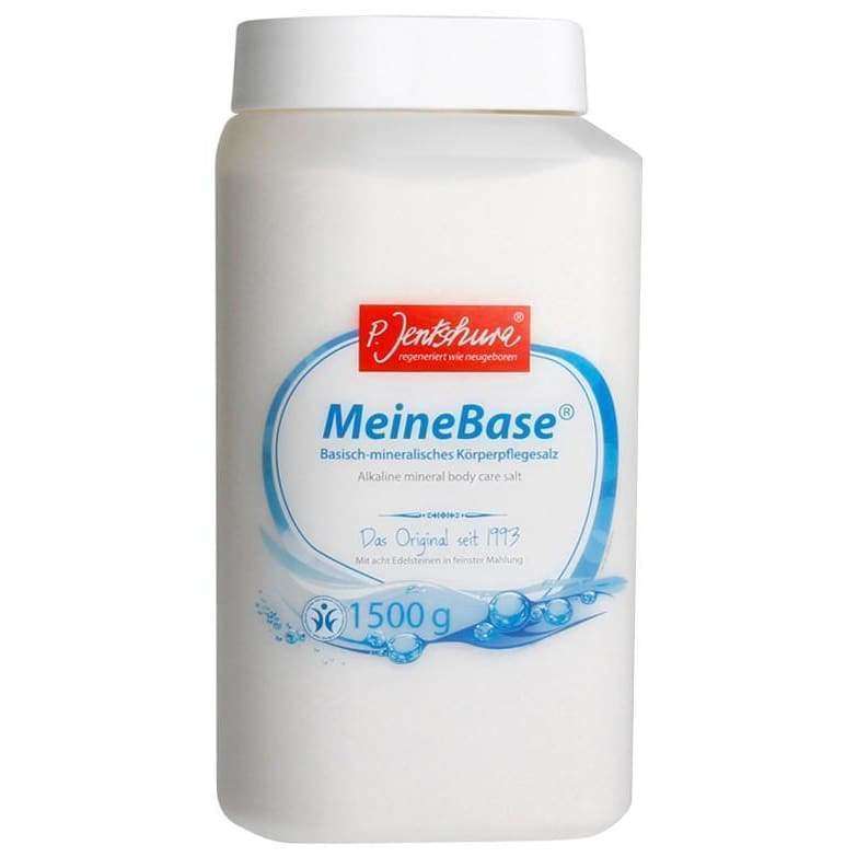 MeineBase Mineraalisuola 1500 g -purkki; valkoinen mattapintainen muovipurkki litteällä kannella, sininen-punainen etiketti kiertää purkkia, lihavoitu groteskiteksti