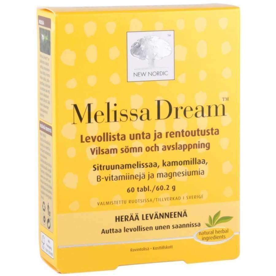 New Nordic Melissa Dream -pakkaus, keltainen, pyöristetyt kulmat, suomeksi ja ruotsiksi, ainesosina sitruunamelissa, kamomilla ja magnesium; mattapintainen rasia, lihavoitu groteskiteksti