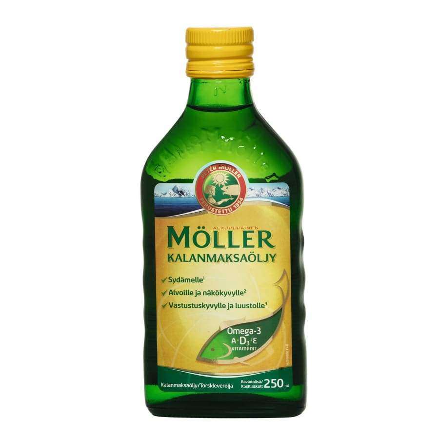 Möller Kalanmaksaöljy -pullo, vihreä, keltainen korkki, kalakuvitus, teksti omega-3:sta ja A-, D- ja E-vitamiineista, 250 ml; suorakaiteen muotoinen kiiltäväpintainen muovipullo