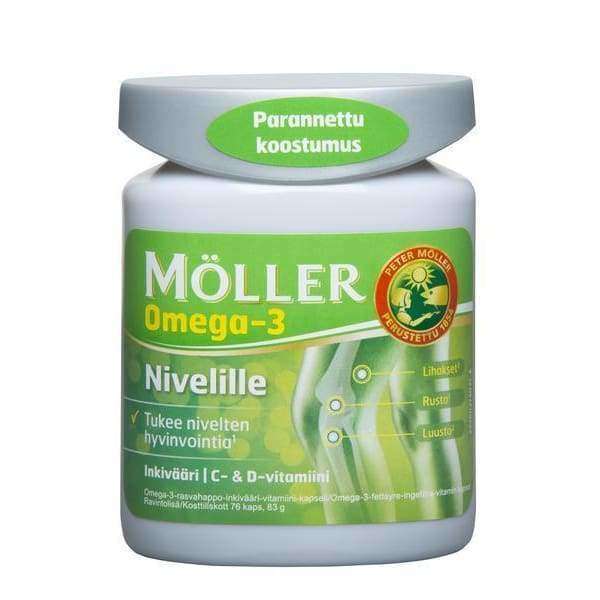 Möller Omega-3 Nivelille -purkki, vihreä-keltainen etiketti polvinivelkuvituksella; teksti suomeksi omega-3:n hyödyistä nivelille