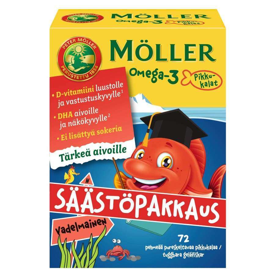 Möller Omega-3 Pikku-kalat, vadelma, 72 pehmeää kapselia; värikäs, kiiltäväpintainen suorakulmainen rasia, jossa sarjakuvamainen kala valmistujaishattu päässä; suomenkielistä tekstiä D-vitamiinista, DHA:sta ja vadelman mausta; suuri groteskifontti pääotsikolle, pienempi teksti korostaa tuotehyötyjä; vaalea tausta, ei ihmisiä.