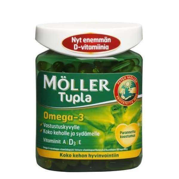 Möller Tupla Omega-3 -pullo, vihreä muovi, kiiltäväpinta, punainen korkki; teksti "Nyt enemmän D-vitamiinia", mainitsee omega-3:n ja A-, D3- ja E-vitamiinit sekä sydämen ja kehon hyvinvoinnin