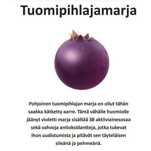 Yksittäinen tumman violetti tuomipihlajanmarja vaalealla taustalla; kuvan alla suomenkielistä tekstiä marjan antioksidanttipitoisuudesta ja superfood-terveysvaikutuksista; marja pyöreä, matta pinta; teksti lihavoitua, mustaa groteskityyppiä; ei pakkausta; ei ihmisiä tai käsiä kuvassa.
