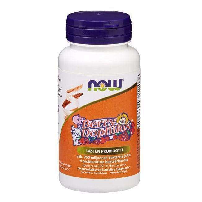 Now Foods BerryDophilus -pullo, valkoinen, violetti korkki, oranssi kiiltäväpintainen etiketti kuvitetulla karhulla ja marjoilla; suomenkielinen teksti, lasten probioottivalmiste