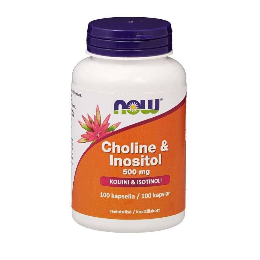 NOW Choline & Inositol -purkki, 500 mg; kiiltäväpintainen valkoinen muovipullo tummanvioletilla kierrekorkilla; etiketissä lihavoitu oranssi ja sininen tekstausvapaa kirjasin, oranssi korostuspalkki sekä tyylitelty kukkakuvio; näkyvissä teksti "NOW Choline & Inositol 500 mg" ja "100 capsules"; kuvattu valkoista taustaa vasten ilman ihmisiä tai muita esineitä.