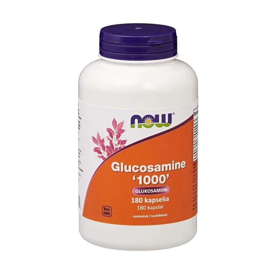 NOW Glucosamine 1000 -muovipurkki, 180 kapselia; mattapintainen, sylinterimäinen pullo; oranssi-violetissa etiketissä englannin- ja suomenkielistä tekstiä tavanomaisella tekstausvapaalla kirjasimella sekä kasvikuvitus; kuvattu yksiväristä taustaa vasten, tuote keskellä kuvaa, ei ihmisiä tai käsiä näkyvissä.