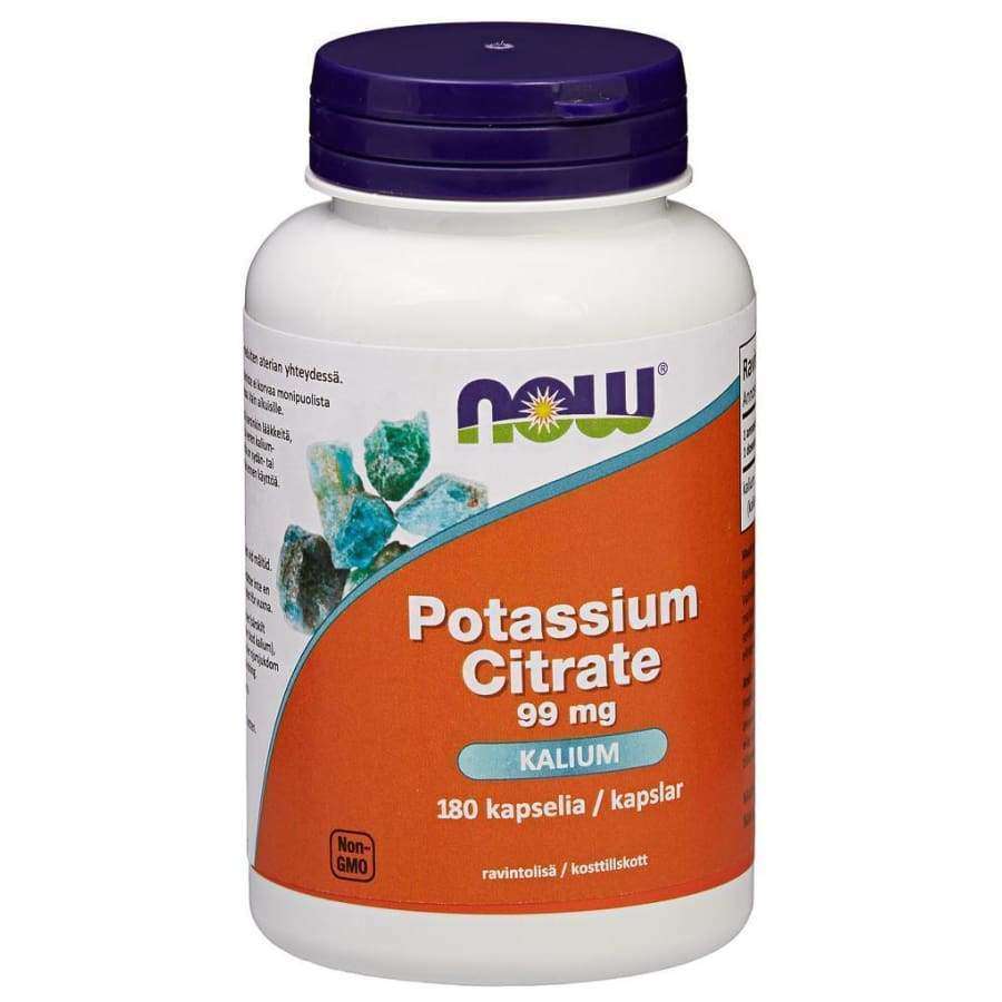 NOW Kaliumsitraatti 99 mg -purkki, 180 kapselia; valkoinen, mattapintainen ja sylinterimäinen muovipullo violetilla kierrekorkilla; oranssi-valkoisessa etiketissä värikkäitä geometrisia kidekuvituksia sekä lihavoitua tekstausvapaata kirjasinta; kuvattu yksiväristä taustaa vasten, ei ihmisiä tai käsiä näkyvissä.