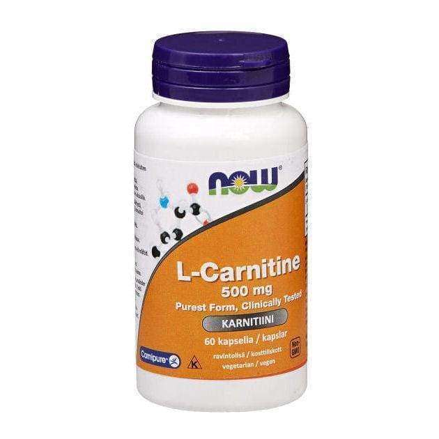 NOW L-Carnitine 500 mg -pullo; valkoinen, mattapintainen ja sylinterimäinen muovipullo uritetulla valkoisella kierrekorkilla; oranssissa etiketissä englannin- ja suomenkielistä tekstiä lihavoidulla valkoisella, mustalla ja oranssilla tekstausvapaalla kirjasimella; kuvattu valkoista taustaa vasten, ei ihmisiä tai käsiä näkyvissä.