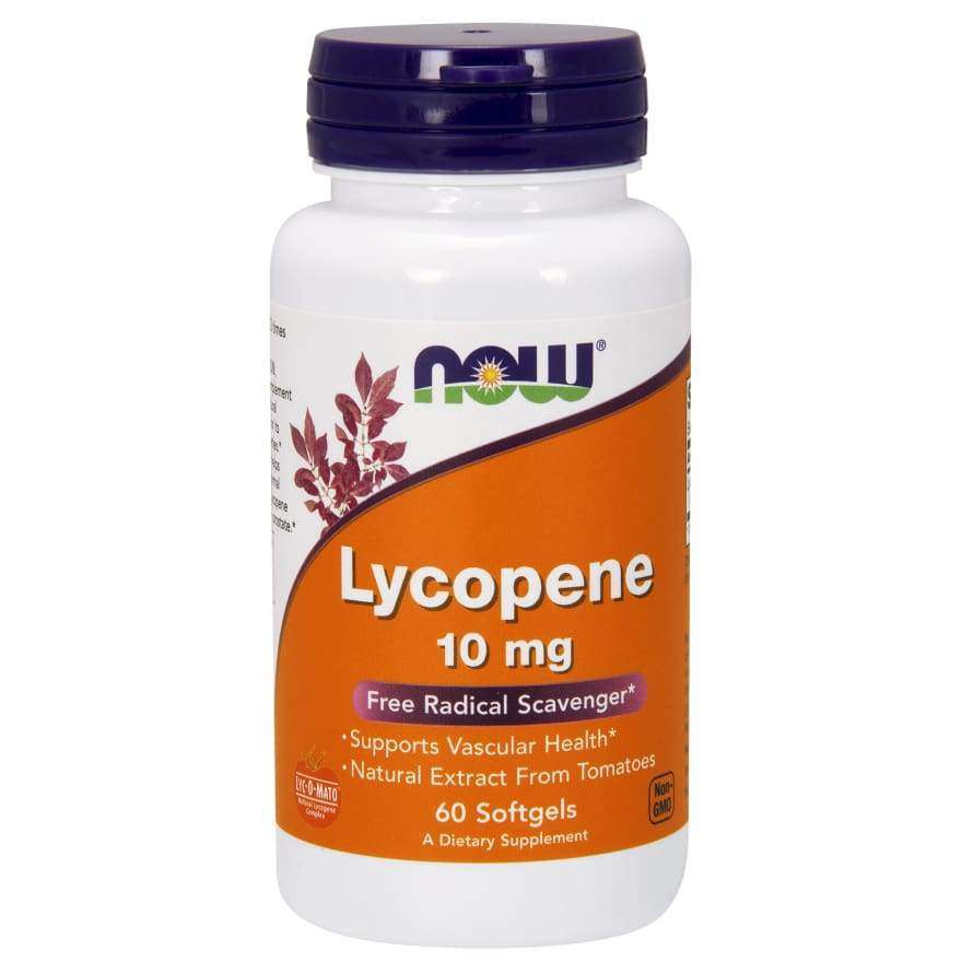 NOW Lycopene 10 mg -pullo, 60 pehmytkapselia; valkoinen, mattapintainen ja sylinterimäinen pullo oranssilla ympärikiertävällä etiketillä, jossa tyylitellyt tomaattikuvat; selkeää tekstausvapaata tekstiä tuotenimestä ja annostuksesta; kuvattu neutraalia taustaa vasten, ei ihmisiä tai käsiä näkyvissä.
