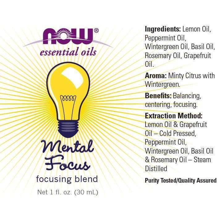 NOW Essential Oils Mental Focus -keskittymistä tukeva öljyseos, 1 fl. oz. (30 mL); kirkas lasipullo, valkoinen kierrekorkki; etiketti pääosin valkoinen ja keltainen, sisältää ainesosat, tuoksun ja hyödyt sekä uuttomenetelmän mustalla ja värillisellä tekstillä sekä kirkkaan keltaisen hehkulampun kuvituksen; groteskityyppiä; vaalea tausta, tuote keskitetty, ei ihmisiä.