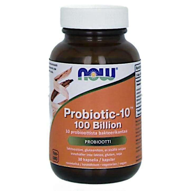 Now Foods Probiotic-10, 100 Billion -pullo, ruskea muovi, mattapinta, oranssi-valkoinen kapselimallinen korkki; monikielinen etiketti suomeksi mukaan lukien, 30 vegetaarista kapselia