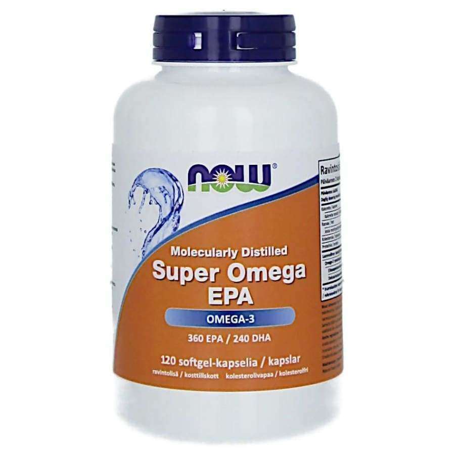 Now Foods Super Omega EPA -purkki, valkoinen kiiltävä muovipullo sinisellä kierrekorkilla; 120 pehmytkapselia, 360 mg EPA:ta ja 240 mg DHA:ta