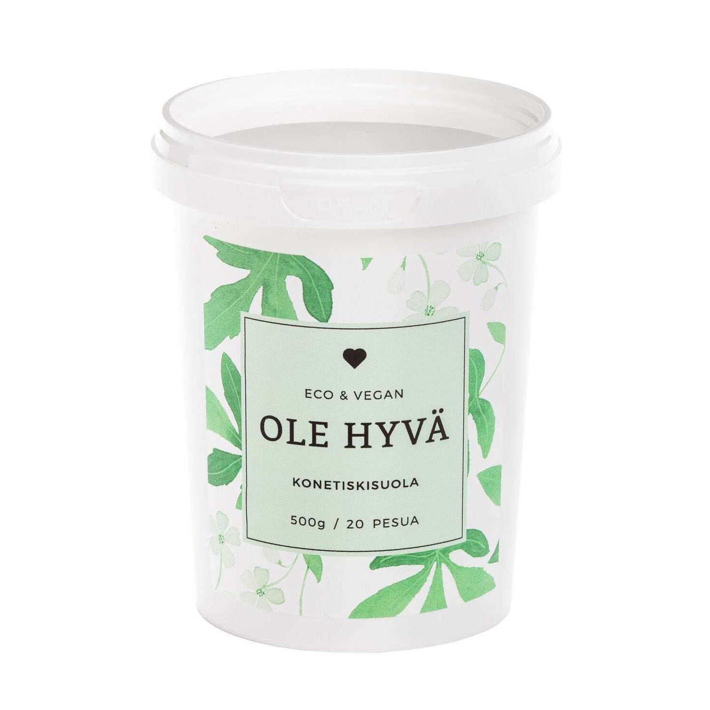 Ole Hyvä konetiskisuola; valkoinen, mattapintainen muovipurkki vihreine lehtikuvituksineen, teksti "Eco & Vegan Konetiskisuola 500 g / 20 pesua"; kirkas kansi osittain avattuna; groteskitekstiä osin lihavoituna; vaalea tausta.