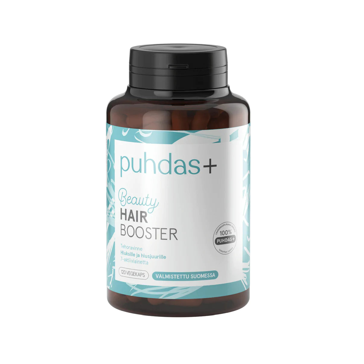 Puhdas+ Beauty Hair Booster; pullo tekstillä "Puhdas+ Beauty Hair Booster" -ravintolisää, musta korkki, valkoinen ja turkoosi mattaetiketti yksinkertaisin groteskifontein; etiketissä englannin- ja suomenkielistä tekstiä, mainitsee kauneuteen keskittyvän hiustenhoidon ja lauseen "valmistettu suomessa"; astia lieriömäinen, ei näkyvää taustaa tai ihmisiä.