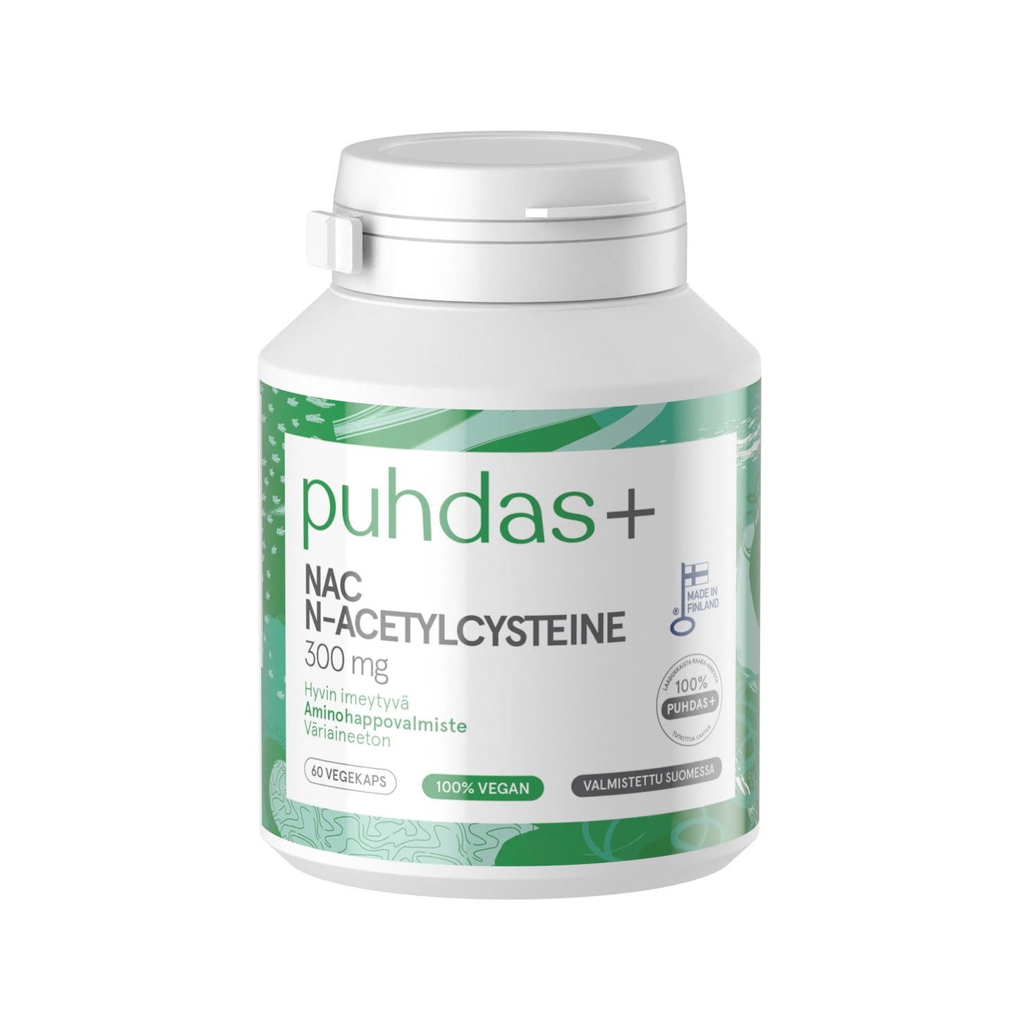 Puhdas+ NAC N-Acetylcysteine 300 mg -pullo, valkoinen muovipullo vihrein korostuksin, sylinterimäinen muoto ja mattaviimeistely, sisältää 60 vegaanista kapselia; etikettiteksti sisältää tuotenimen, annostuksen, "100% vegan" ja "Made in Finland"; typografia tekstausvapaata fonttia etupuolella; tausta valkoinen; ei ihmisiä tai käsiä näkyvissä kuvassa.