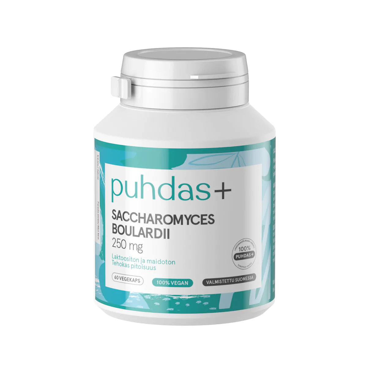 Puhdas+ Saccharomyces Boulardii 250 mg -pullo, turkoosi-vihreä väritys, vegaani- ja laktoositon-kuvakkeet, suomenkielinen teksti; mattapintainen sylinterinmuotoinen pullo