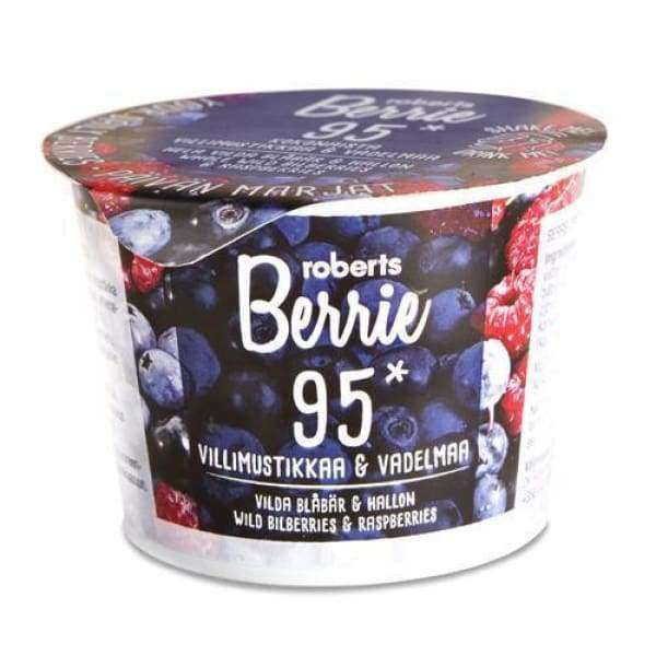 Roberts Berrie 95% -muovikuppi kiiltäväpintaisena, etiketissä kuvia villimustikoista ja vadelmista; kuppi pääosin valkoinen valokuvamaisin marjakuvin; teksti sekä suomeksi että englanniksi tekstausvapain fontein; ei ihmisiä tai käsiä näkyvissä; neutraali tausta, suora tuotekuva selkeästi luettavalla etiketillä.