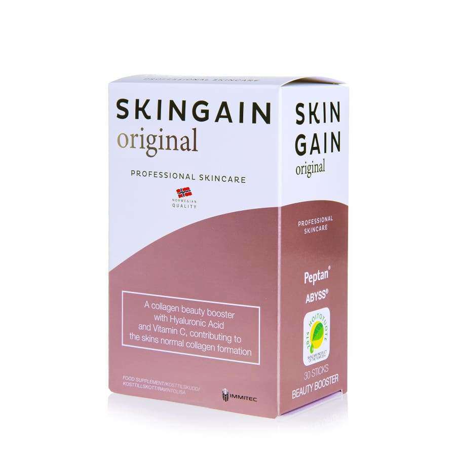 SKINGAIN Original Professional Skincare -pakkaus, suorakulmainen, valkoinen-vaaleanpunainen mattapinta; musta-vaaleanpunainen lihavoitu groteskiteksti, sisältää kollageenia, hyaluronihappoa ja C-vitamiinia