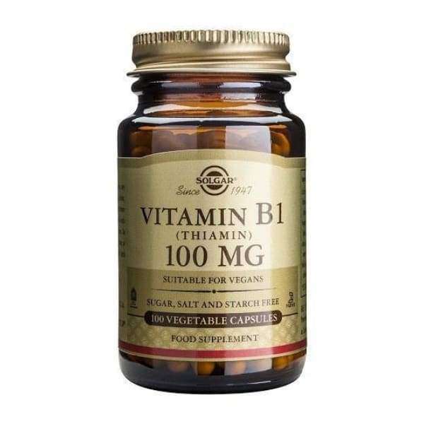 Solgar B1-vitamiini (Tiamiini) 100 mg -pullo, ruskea läpinäkyvä lasi, matta kultainen muovikorkki; beige etiketti musta-kultaisella antiikvatekstillä, vegaaninen, gluteeniton, 100 kasviskapselia