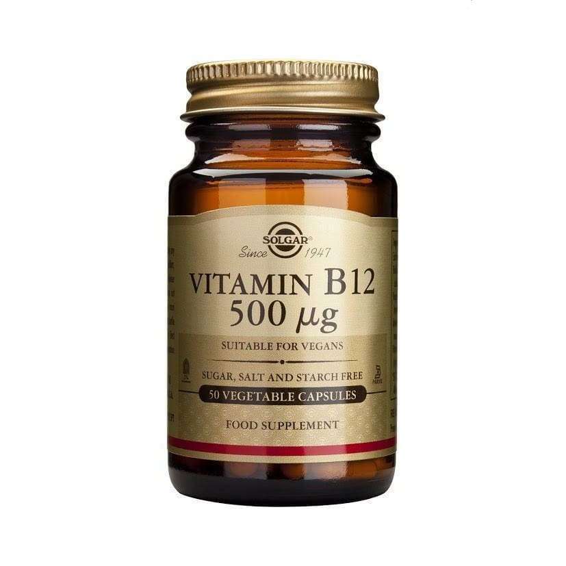 Solgar B12-vitamiini 500 mikrog -pullo, ruskea lasi, mattapinta, kultainen metallikierrekorkki; lihavoitu antiikvateksti, 50 kasviskapselia, vegaaninen, sokeriton, suolaton ja tärkkelyksetön