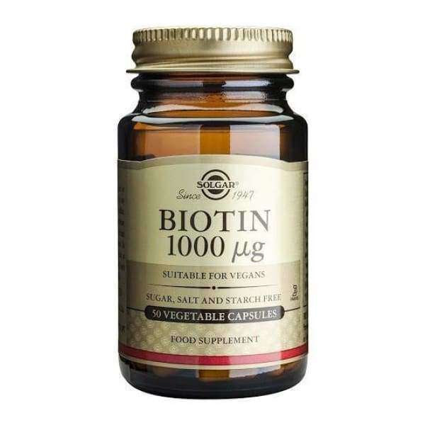 Solgar Biotiini 1000 mikrog -pullo, ruskea lasi, kultainen kierrekorkki, kiiltäväpinta; vegaaninen, sokeriton, suolaton ja tärkkelyksetön, 50 kasviskapselia, musta-kultainen antiikvateksti luonnonvalkoisella pohjalla
