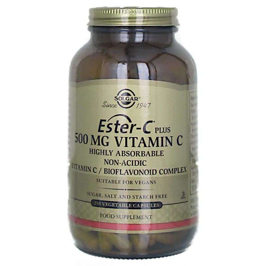 Solgar Ester-C Plus 500 mg -pullo, ruskea lasipullo kultaisella metallikorkilla; 250 kasviskapselia, vegaaninen, ei sokeria, suolaa tai tärkkelystä