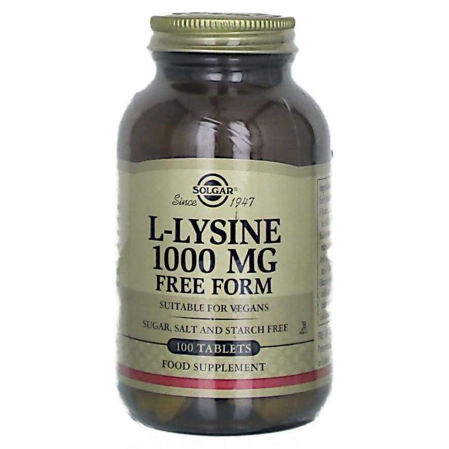 Solgar L-Lysiini 1000 mg -pullo, ruskea lasipullo kultaisella korkilla; 100 tablettia, vegaaninen, sokeriton ja suolaton