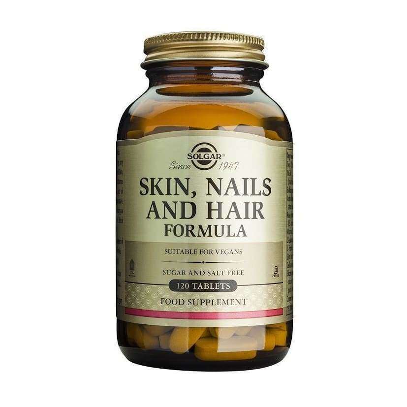 Solgar Skin, Nails and Hair Formula -pullo, 120 tablettia, sopii vegaaneille, sokeriton; ruskea lasipullo metallinkultaisella kierrekorkilla, beige-kultainen etiketti mustalla serifitekstillä
