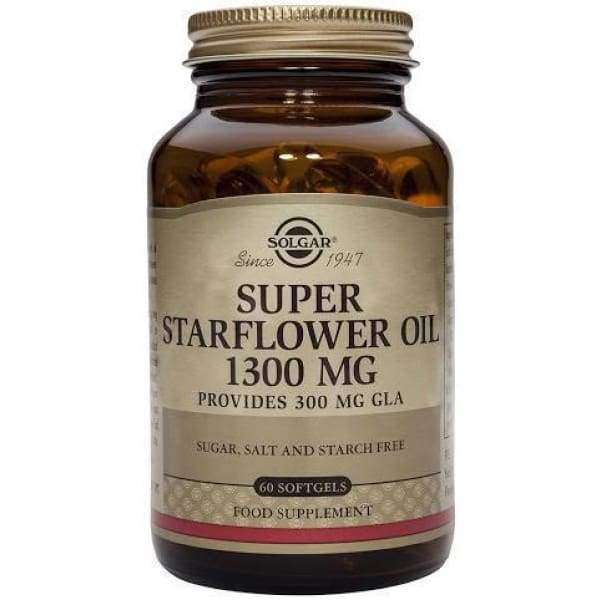 Solgar Super Starflower Oil 1300 mg -pullo, 300 mg GLA, ei sokeria, suolaa tai tärkkelystä, 60 pehmytkapselia; ruskea lasipullo kultaisella mattapintaisella kierrekorkilla, kiiltävä pinta, musta-kultainen teksti