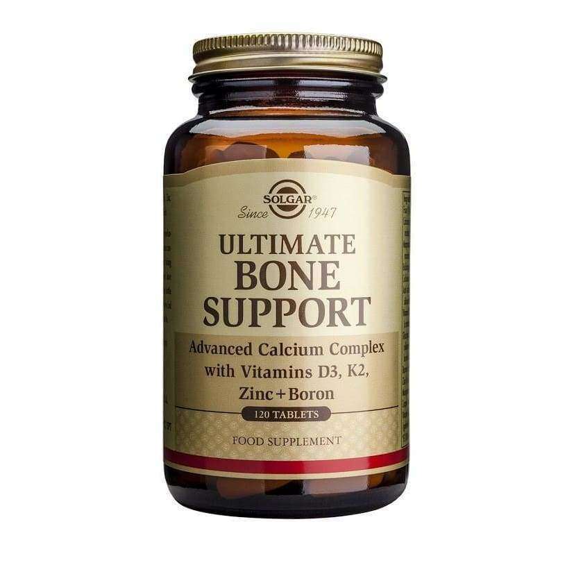 Solgar Ultimate Bone Support -pullo, ruskea lasi, kiiltäväpinta, kultainen metallikorkki; kehittynyt kalsiumkompleksi D3-, K2-vitamiinein, sinkillä, magnesiumilla ja boorilla, 120 tablettia, kulta-tumma antiikvateksti