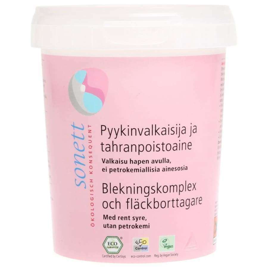 Sonett Pyykinvalkaisija -purkki, vaaleanpunainen, sylinterinmuotoinen, mattapintainen muovi, valkoinen läpinäkymätön kansi; sertifiointimerkkejä, teksti suomeksi ja ruotsiksi groteskitekstillä