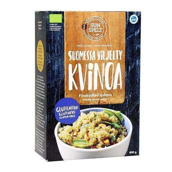 SunSpelt Luomu Kvinoa -pakkaus, suomalaista kvinoaa, gluteeniton, kuva keitetystä kvinoasta valkoisessa kulhossa; tummasävyinen mattapintainen rasia, teksti suomeksi ja englanniksi