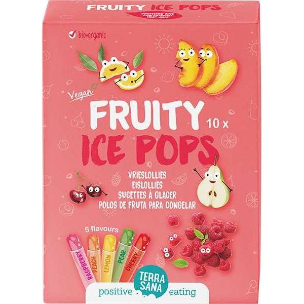 TerraSana Luomu Pakastettava Mehujääpuikko; vaaleanpunainen laatikko TerraSana Fruity Ice Pops -mehujääpuikkoja, kuvituksena sarjakuvamaisia hedelmiä ja jääpuikkoja, teksti korostaa vegaanisia luomuainesosia ja viittä makuvaihtoehtoa; pakkaus suorakulmainen mattapinnalla monivärisin grafiikoin; lihavoitu groteskikirjasin valkoisena ja keltaisena; ei ihmisiä tai käsiä kuvassa, valkoinen tausta, kuva näyttää vain tuotteen edestä.