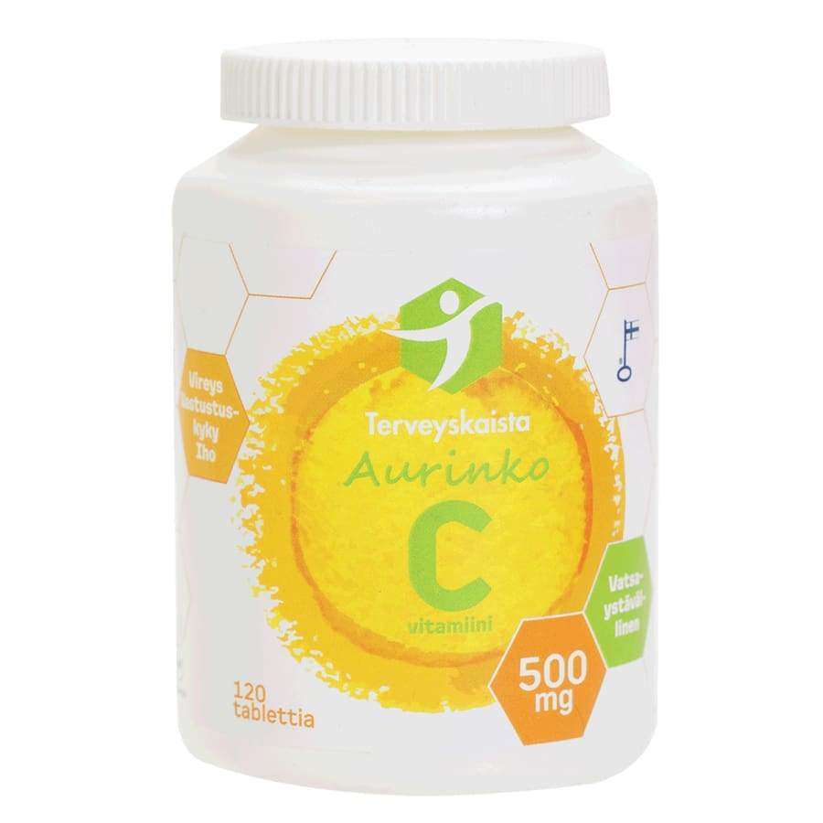 Terveyskaista Aurinko C 500 mg; valkoinen Terveyskaista Aurinko C-vitamiini -pullo, 500 mg, eloisin keltaisin ja vihrein etikettikuvioin, sisältää 120 tablettia; lieriömäinen pullo kierrekorkilla; etikettitekstissä tuotenimi ja annostus lihavoidulla groteskifontilla; pinta mattainen; tuote pystyssä yhtenäistä valkoista taustaa vasten; ei ihmisiä tai käsiä.