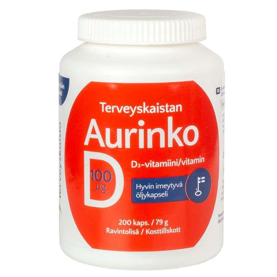 Terveyskaistan Aurinko D3-vitamiini -pullo, valkoinen sylinterimäinen muovipullo mattapinnalla ja valkoisella kierrekorkilla, sisältää 200 kapselia 100 µg D3-vitamiinia; punainen ja valkoinen paperietiketti tekstausvapaalla suomenkielisellä tekstillä; tausta yksinkertainen ja tasaisesti valaistu, ei ihmisiä tai muita esineitä näkyvissä.