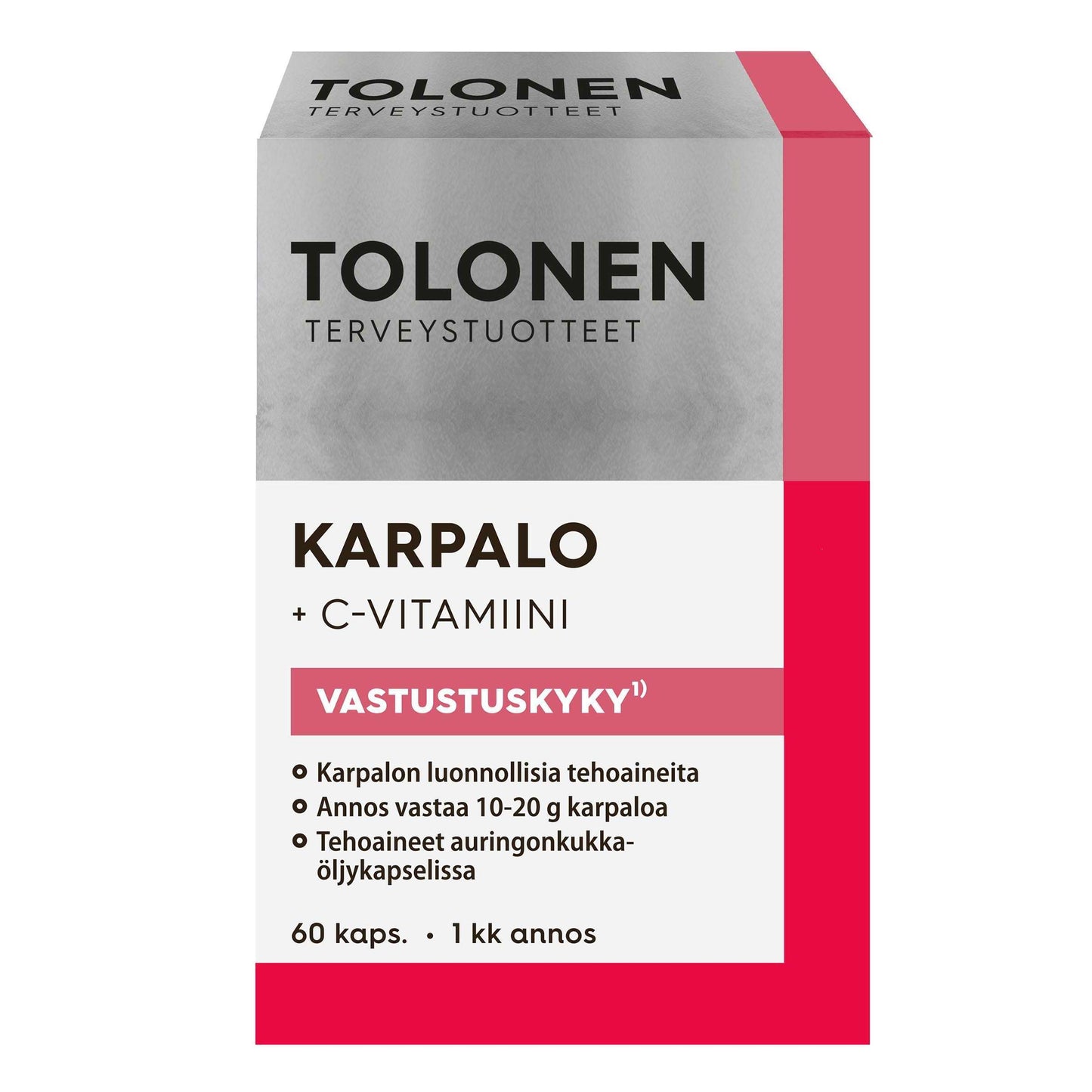 Tolonen Karpalo + C-Vitamiini -pakkaus, sisältää 60 kapselia; suorakulmainen pahvipakkaus kiiltävällä pinnalla, valkoinen, vaaleanpunainen ja musta väritys; tekstausvapaata typografiaa; tuotenimi ja keskeiset tiedot suomeksi selkeästi näkyvissä etusivulla; ei ihmisiä tai taustaelementtejä kuvassa.