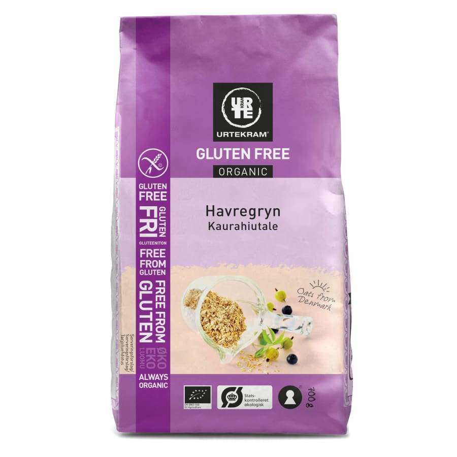 Urtekram Gluteeniton Luomu Kaurahiutale -pussi, 400 g, violetti-valkoinen, kuva kaurapuurokulhosta, mustikoita ja vehnäntähkiä; mattapintainen muovipakkaus, groteskiteksti "Always Organic"