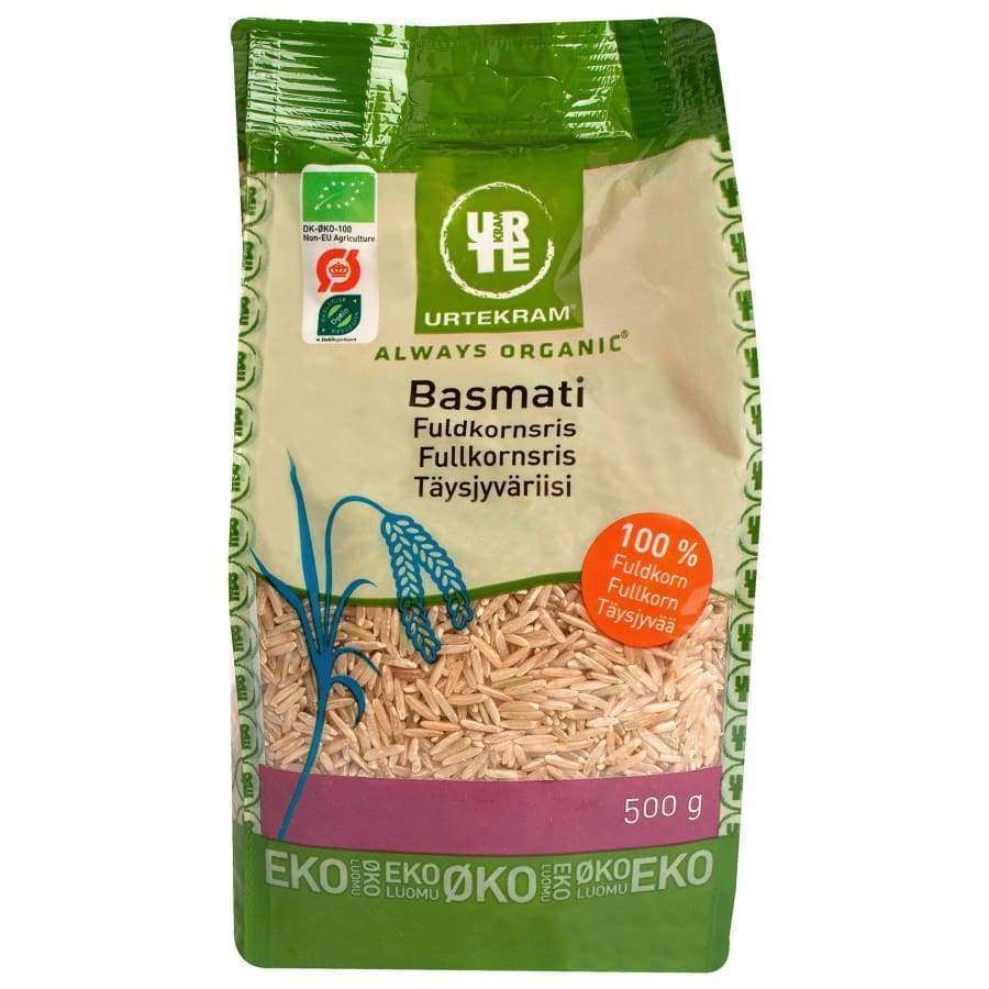 Urtekram Luomu Basmati täysjyväriisi -pussi, 500 g, vihreä-beige, sininen riisikasvikuvitus; mattapintainen pystysuora pussi, suuri groteskiteksti tuotenimelle, "organic basmati rice" mainittu