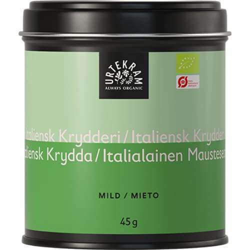 Urtekram Luomu Italialainen mausteseos -purkki, 45 g, vihreä etiketti, teksti useilla kielillä ja luomumerkit; sylinterinmuotoinen metallipurkki, mattahopeinen pinta, valkoinen-keltainen groteskiteksti