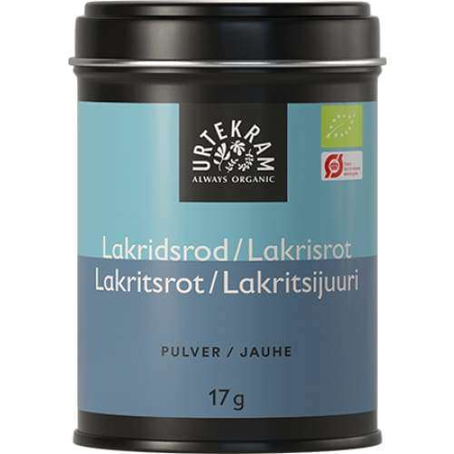 Urtekram Luomu Lakritsijuurijauhe; musta-sininen lieriömäinen purkki tekstillä "Urtekram" luomulakritsijuurijauhetta, mattapinnalla; etiketissä useita kieliä, groteskifontti ja nettopaino 17 grammaa; tuote asetettu pystyyn neutraalia taustaa vasten; ei ihmisiä, käsiä tai toimintaa kuvassa.