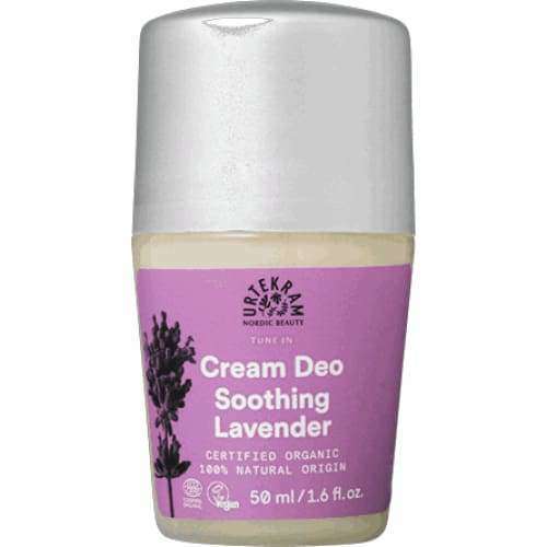 Urtekram Tune In Soothing Lavender Deodorantti; 50 ml roll-on-deodoranttipullo puolikiiltävällä valkoisella muovipinnalla; etiketti violetti, kuvituksena laventelinoksa; pääosa tekstistä valkoista groteskifonttia, brändi- ja tuotenimi korostettuna; etiketissä väittämät vegaanisuudesta, luomusta ja "100% natural origin"; ei ihmisiä tai käsiä; tausta vaalea ja neutraali.