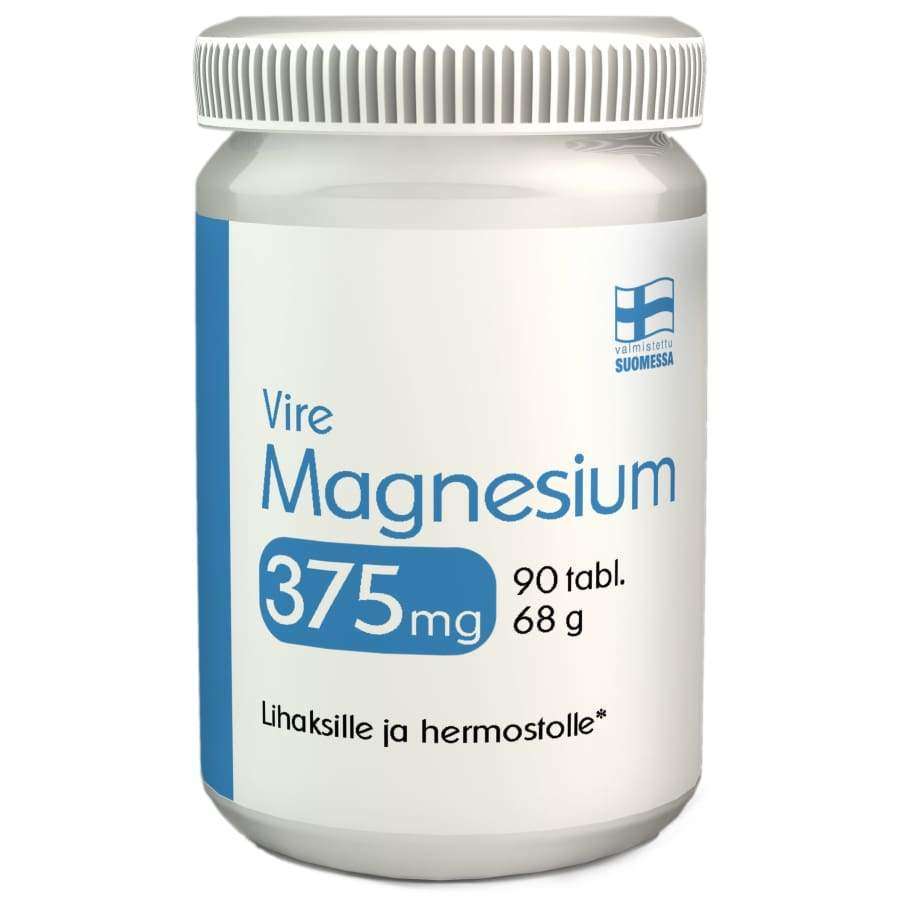 Vire Magnesium 375 mg; valkoinen muovipullo tekstillä "Vire Magnesium 375 mg, 90 tabl., 68 g"; sininen ja valkoinen ulkoasu sekä Suomen lippu; alaosassa suomenkielinen teksti "Lihaksille ja hermostolle" korostaen tukea lihaksille ja hermostolle; mattapintainen lieriömäinen pullo kierrekorkilla; selkeä groteskifontti; studiotausta, ei ihmisiä tai käsiä.