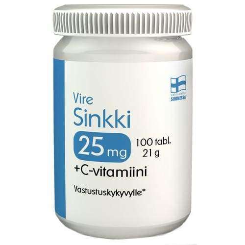 Vire Sinkki 25 mg + C-vitamiini; valkoinen muovipullo kierrekorkilla, lieriömäinen ja mattapintainen; etiketissä Suomen lipun symboli ja suomenkielinen teksti, sisältää 100 tablettia sinkkiä ja C-vitamiinia; sinistä ja mustaa groteskitekstiä; tuote kuvattu pystyssä vaalealla taustalla, ei näkyviä käsiä tai muita esineitä.