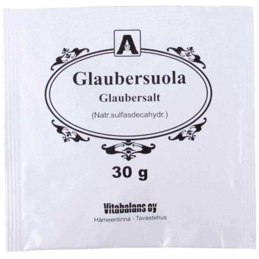 Vitabalans Glaubersuola -pakkaus, 30 g; valkoinen mattapintainen suorakaiteen muotoinen pakkaus, lihavoitua groteski- ja serifitekstiä mustalla, koristeellisia mustia elementtejä ylä- ja alareunassa, suomenkielinen teksti alareunassa