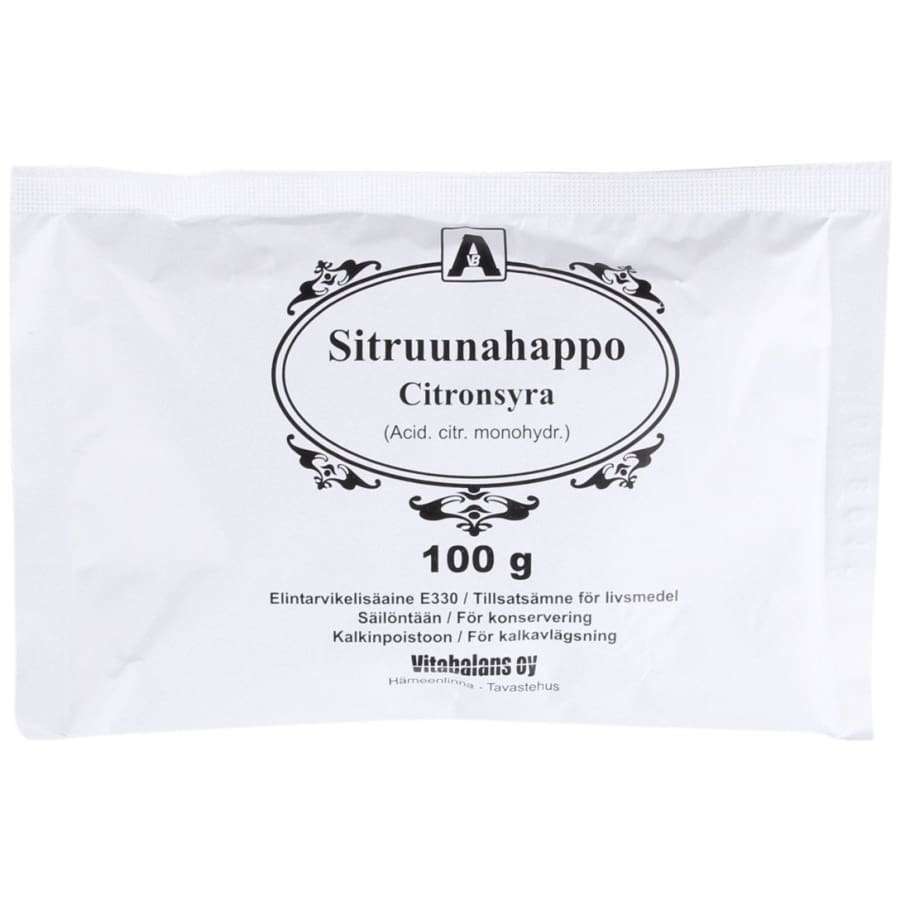 Vitabalans Sitruunahappo (Citron syra) -pakkaus, 100 g, valkoinen, mustia graafisia korosteita; joustava mattapintainen suorakulmainen pakkaus, teksti useilla kielillä