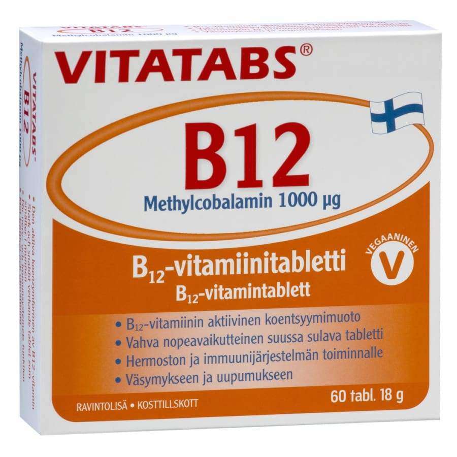 Vitatabs B12 Methylcobalamin 1000 mikrog -pakkaus, 60 vegaanista tablettia, suomenkielinen teksti, oranssi-valkoinen väritys, pieni Suomen lippu oikeassa yläkulmassa; mattapintainen suorakulmainen rasia, lihavoitu groteskiteksti
