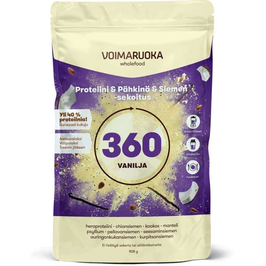 Voimaruoka 360 Wholefood Vanilja -pussi, violetti-keltainen mattapintainen uudelleensuljettava pussi; kookos-, siemen- ja pähkinäkuvitus, teksti suomeksi