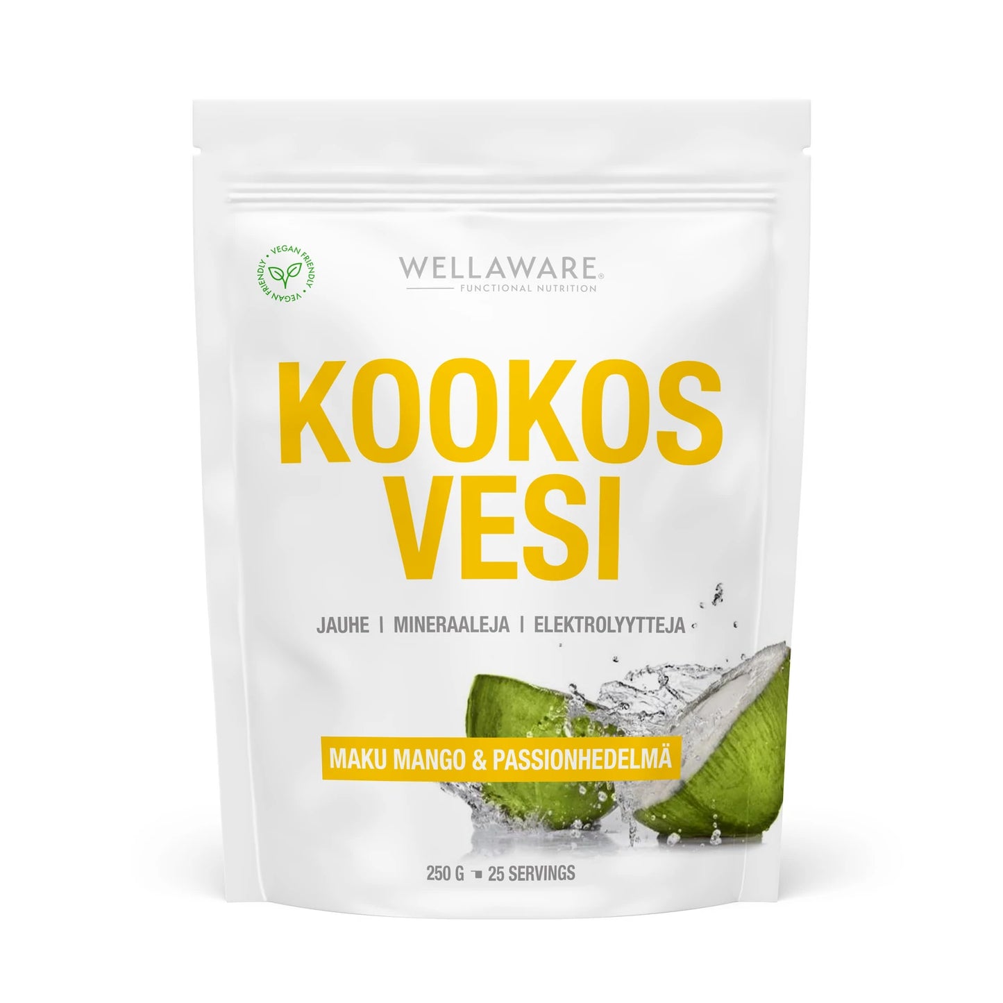 WellAware Kookosvesijauhe Mango&Passion; valkoinen pussi tekstillä "Kookos Vesi", kuvituksena kookospähkinä ja vesiroiskeita; etupuolella myös mangon ja passionhedelmän kuvituksia, etikettiteksti mainitsee 250 g ja 25 annosta; pakkaus kiiltäväpintainen tasapohjaisena pystyssä; groteskikirjasinta eri kokoisin etupaneelissa; kuva pelkistetyllä taustalla, ei ihmisiä tai käsiä kuvassa.