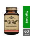 Solgar Bromelain 300 mg -tabletit, 1000 GDU entsyymiaktiivisuutta tuoreesta ananaksesta, 60 tablettia; ruskea lasipullo, mattakultainen kierrekorkki, lieriömäinen muoto; etiketissä serif- ja groteskifontteja mustana ja kultaisena vaalealla pohjalla; vihreä palkki korostaa erikoisuutta, harmaa laatikko ilmoittaa määrän; vaalea, neutraalisti valaistu tausta, ei ihmisiä tai käsiä.