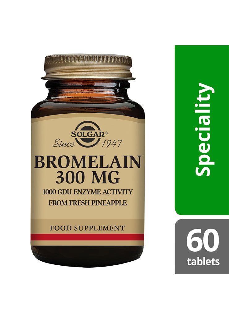 Solgar Bromelain 300 mg -tabletit, 1000 GDU entsyymiaktiivisuutta tuoreesta ananaksesta, 60 tablettia; ruskea lasipullo, mattakultainen kierrekorkki, lieriömäinen muoto; etiketissä serif- ja groteskifontteja mustana ja kultaisena vaalealla pohjalla; vihreä palkki korostaa erikoisuutta, harmaa laatikko ilmoittaa määrän; vaalea, neutraalisti valaistu tausta, ei ihmisiä tai käsiä.